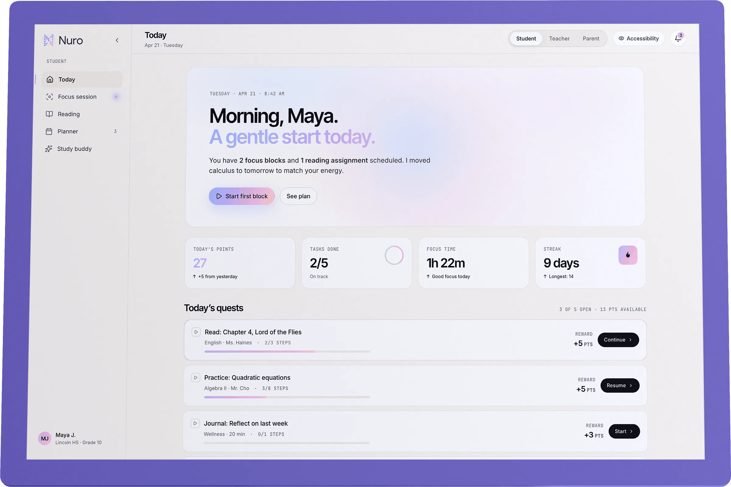 The Nuro student dashboard, a calm daily view with focus blocks and quests.